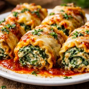 Spinach lasagna roll-ups served with marinara sauce and melted cheese