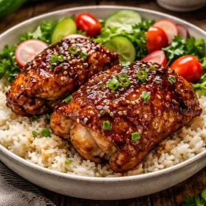 Sticky sweet chili chicken thighs cooked in air fryer for a delicious meal