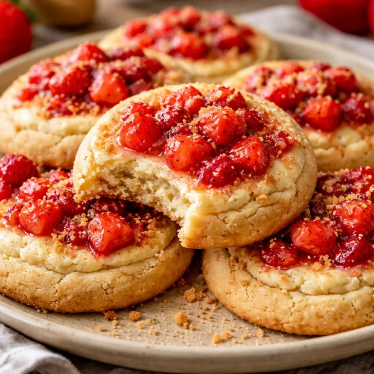 Strawberry cheesecake cookies topped with fresh strawberries and cream cheese frosting