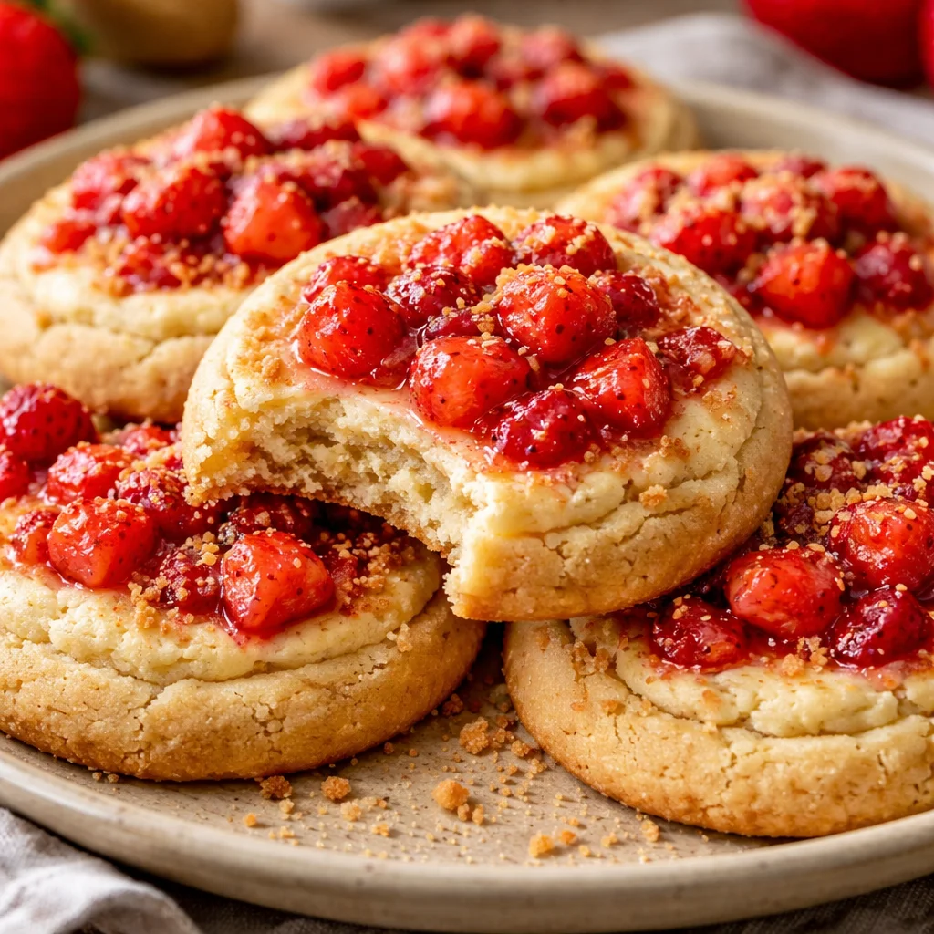Strawberry cheesecake cookies topped with fresh strawberries and cream cheese frosting