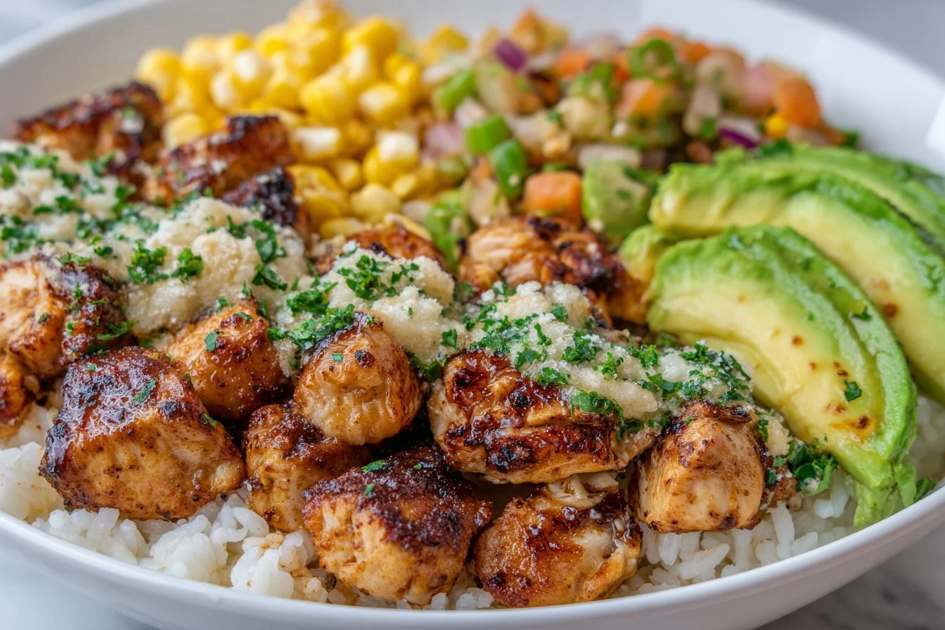 Delicious Street Corn Chicken Rice Bowl with grilled chicken and fresh ingredients.