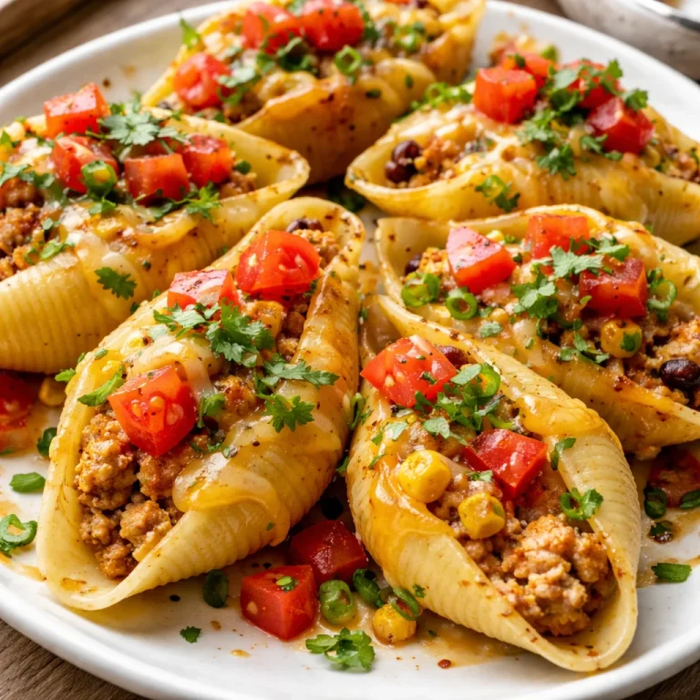 Stuffed taco pasta shells filled with cheese and seasoning