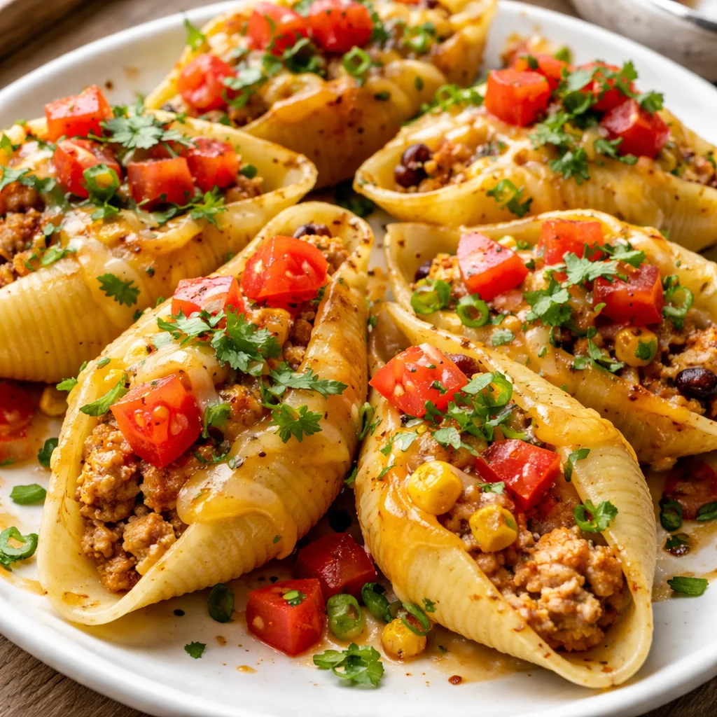 Stuffed taco pasta shells filled with cheese and seasoning