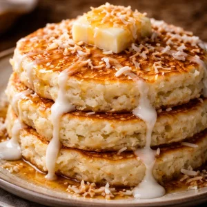 Stack of delicious sweet coconut cream pancakes topped with syrup and fresh fruit