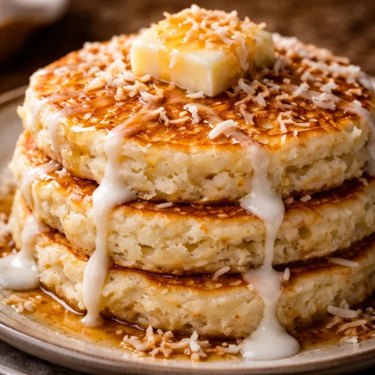 Stack of delicious sweet coconut cream pancakes topped with syrup and fresh fruit