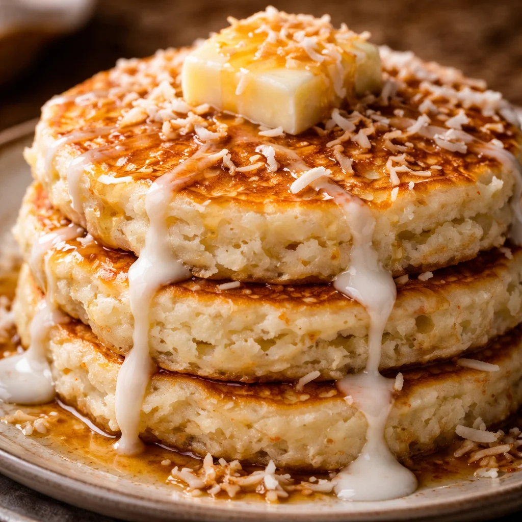 Stack of delicious sweet coconut cream pancakes topped with syrup and fresh fruit