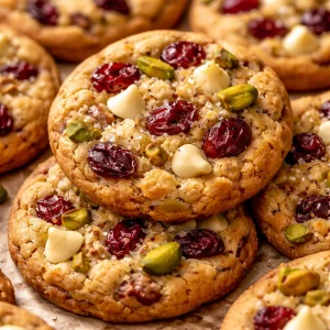 Sweet and salty white chocolate cranberry pistachio cookies on a plate