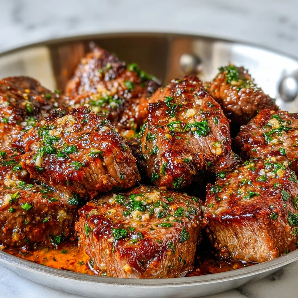 Tender steak bites in garlic butter with creamy Parmesan sauce served in a bowl
