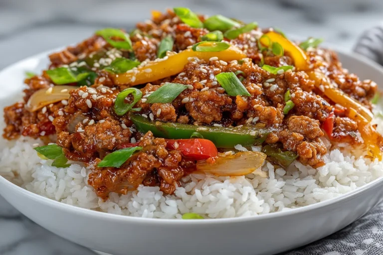 Delicious teriyaki ground turkey bowl with colorful veggies and rice