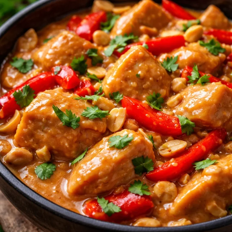 Delicious Thai Peanut Chicken in a crockpot, garnished with peanuts and herbs.
