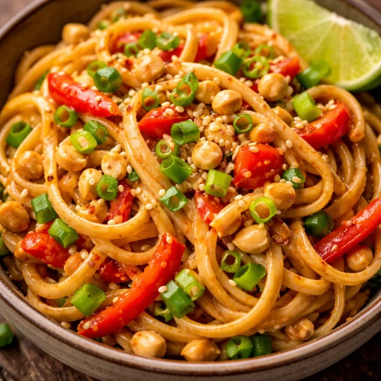 Bowl of Thai Peanut Noodles garnished with vegetables and herbs