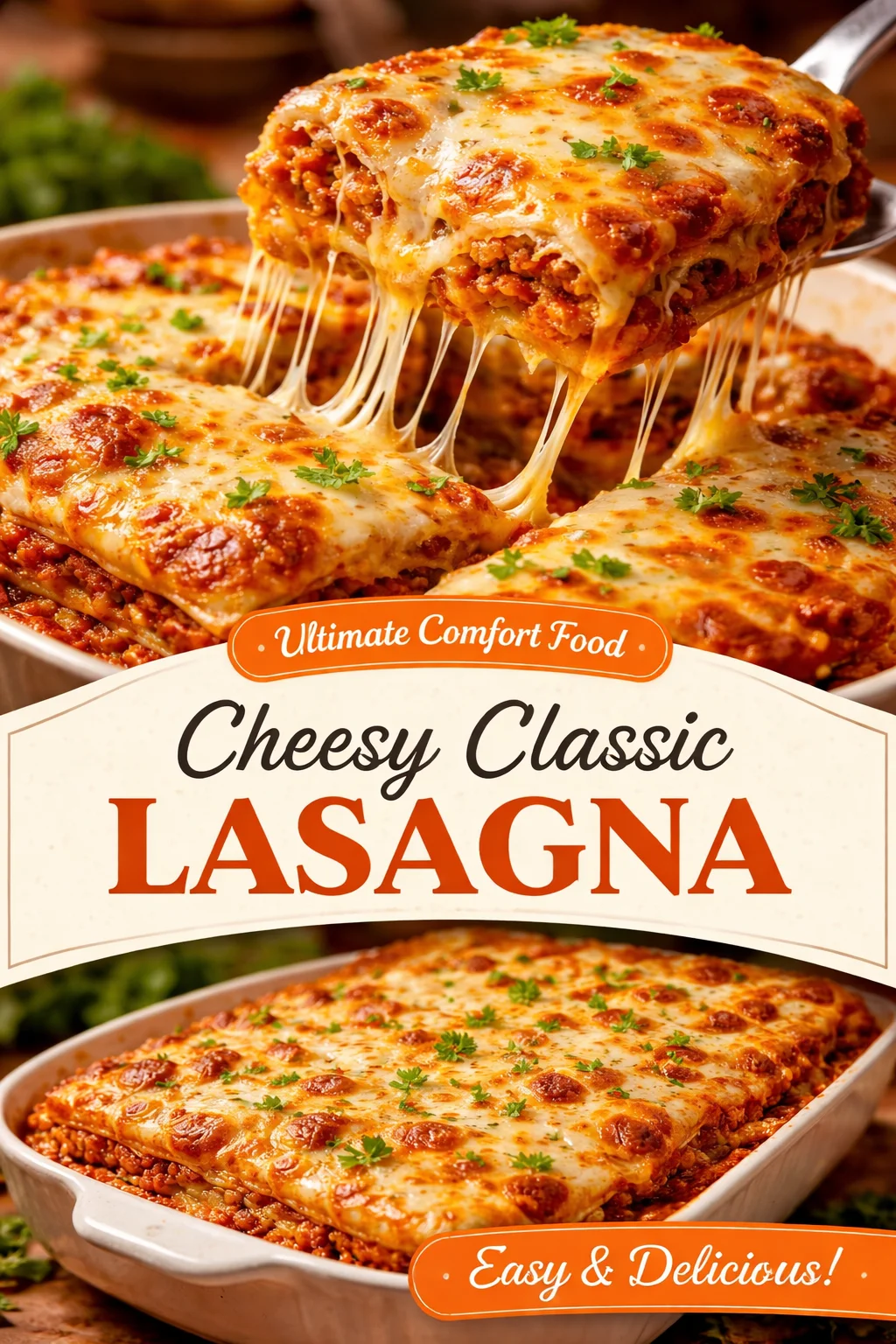 Delicious layered lasagna with cheese, meat, and tomato sauce