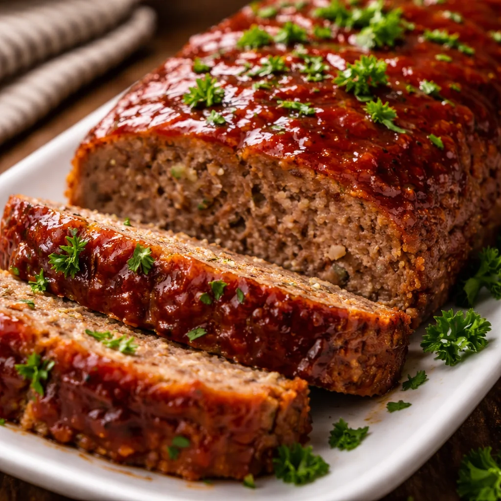 Delicious homemade meatloaf on a plate with garnish