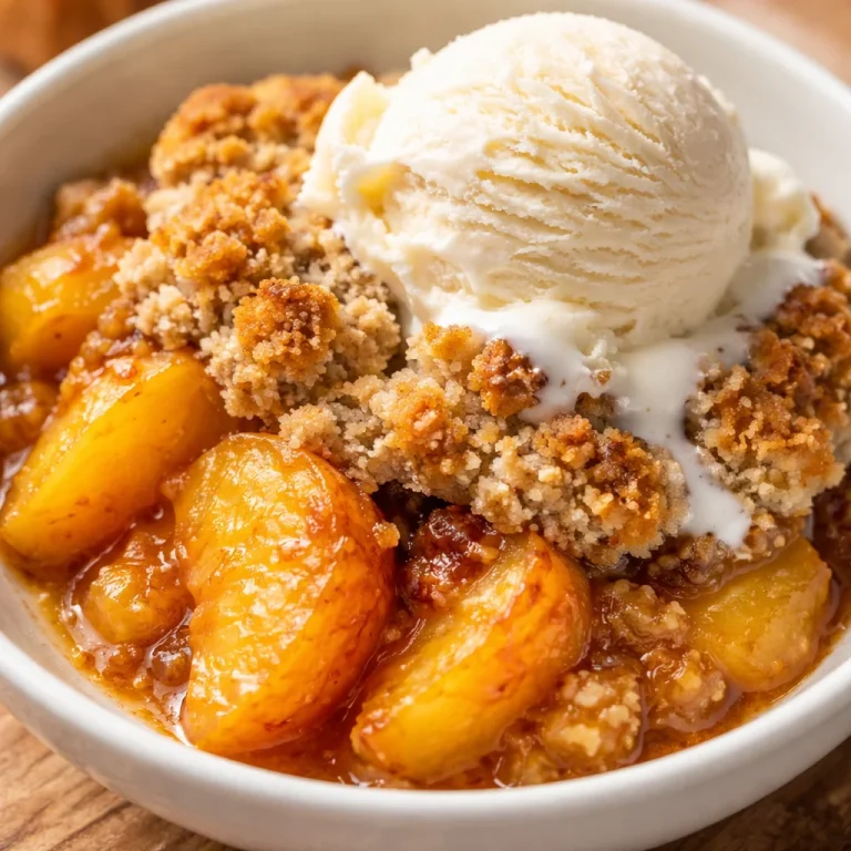 Delicious homemade peach cobbler topped with golden crust and fresh peaches.
