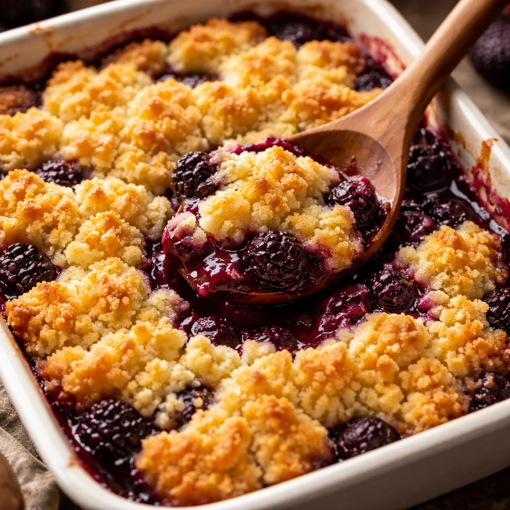 Delicious blackberry cobbler served warm with a scoop of ice cream.