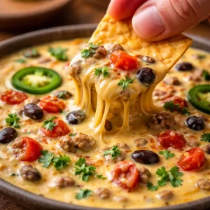 Delicious Homemade Queso Dip with Velveeta, pepper jack cheese, and beef