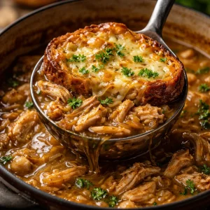 Delicious French onion chicken soup topped with cheese and herbs in a bowl