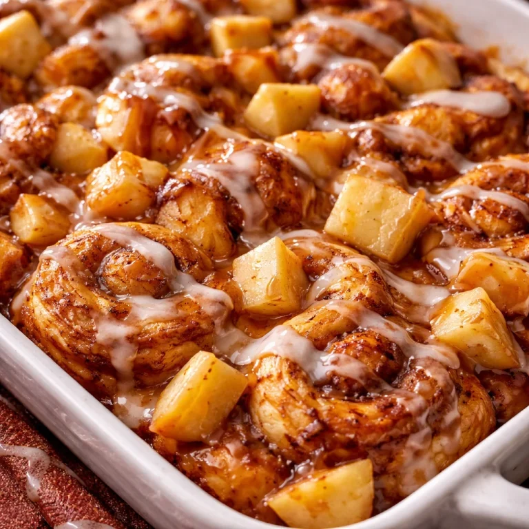 Three Ingredient Caramel Apple Cinnamon Roll Casserole topped with caramel sauce