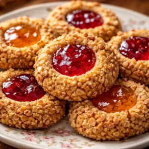 Delicious thumbprint cookies filled with strawberry jam on a white plate.