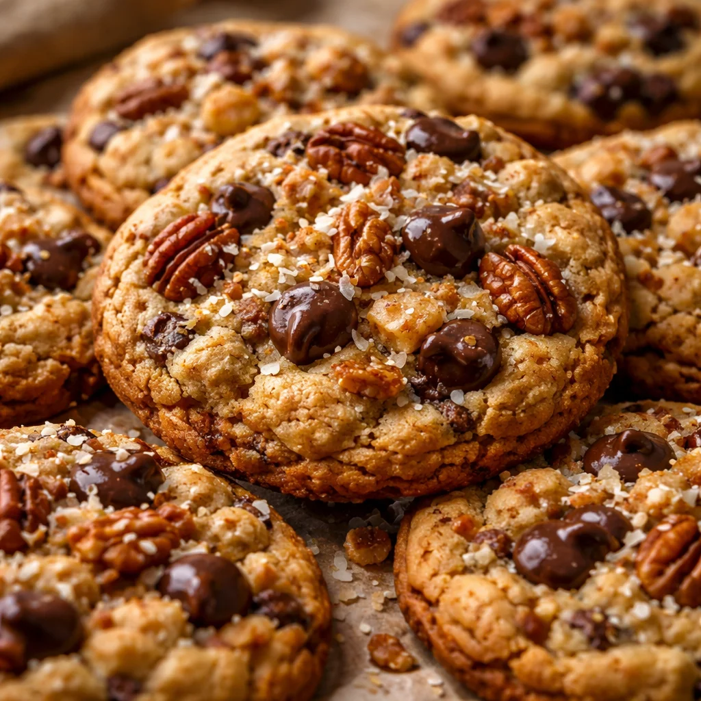Toffee Coconut Pecan Cookies with chocolate chips on a wooden table