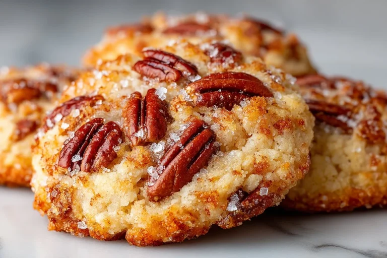 Delicious toffee pecan shortbread cookies on a wooden background