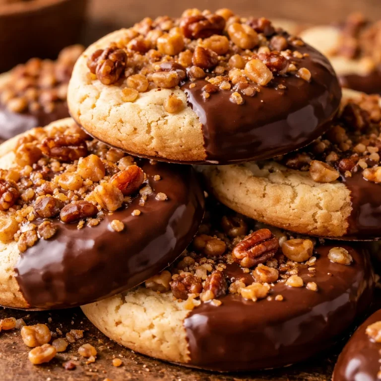 Freshly baked toffee pecan shortbread cookies on a rustic plate