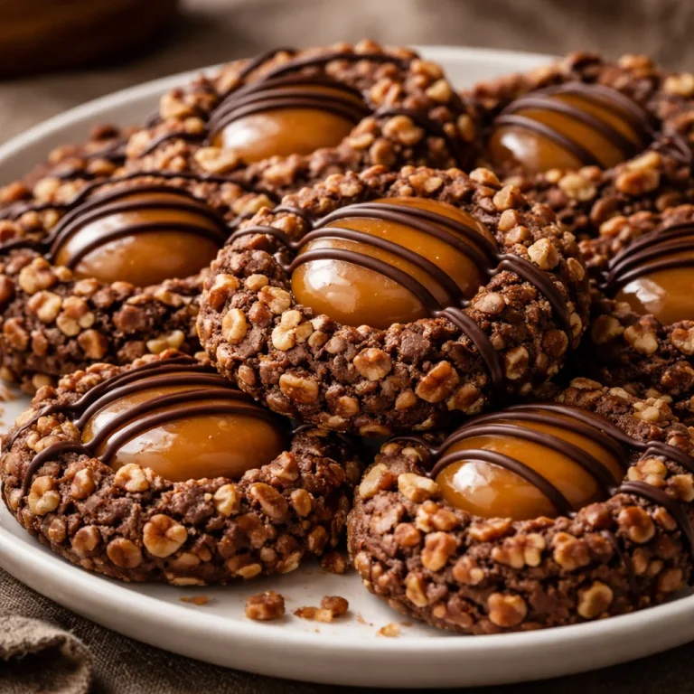 Baked Turtle Cookies with chocolate, caramel, and nuts on a cooling rack.