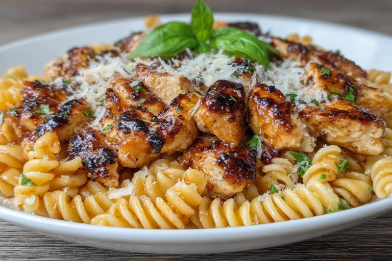 Twisted Pasta with Honey Garlic Chicken and Parmesan Cream served in a bowl