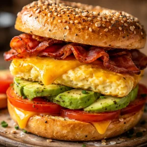 Ultimate Bagel Breakfast Sandwich with eggs, cheese, and bacon on a toasted bagel