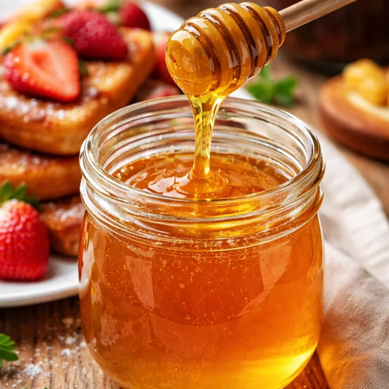 Homemade vanilla butter syrup drizzled over pancakes