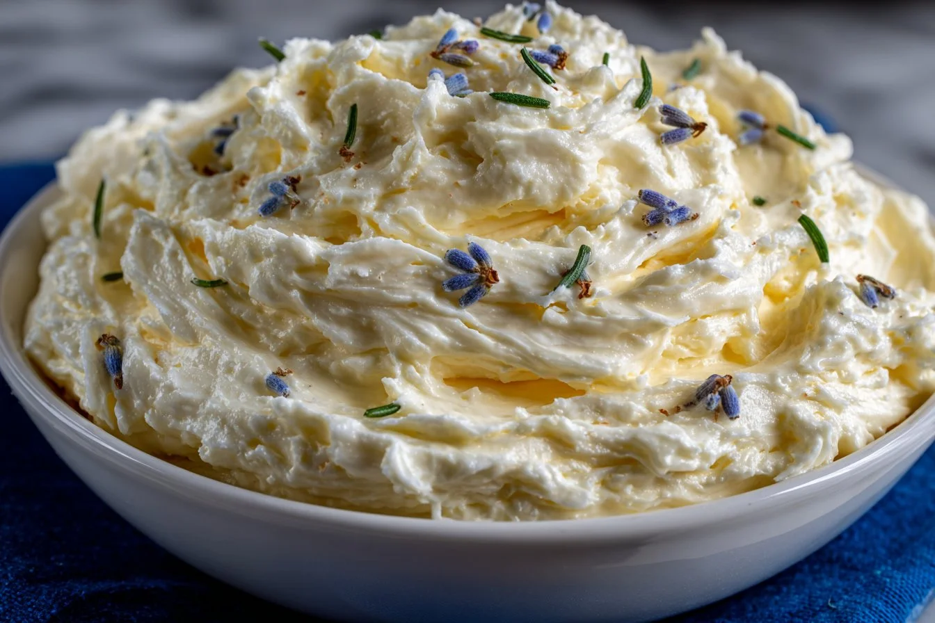 Vegan lavender buttercream spread on a cake