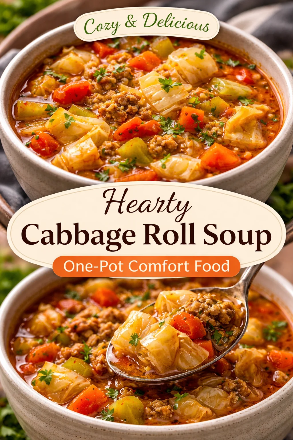 Healthy Weight Watchers cabbage soup in a bowl with fresh herbs