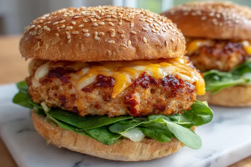 White Cheddar and Spinach Chicken Burgers served on a plate with fresh toppings.