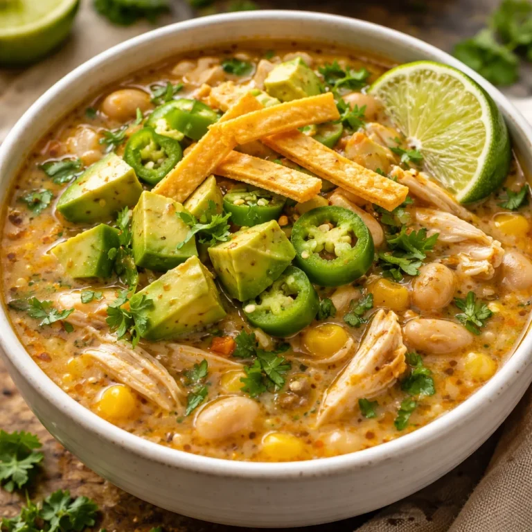 Delicious bowl of White Chicken Chili topped with cilantro and lime