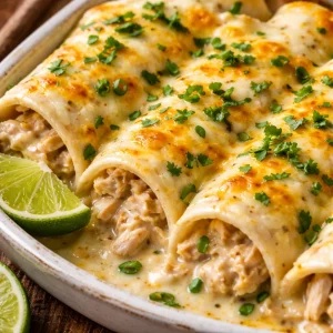Creamy white chicken enchiladas topped with cheese and fresh garnishes