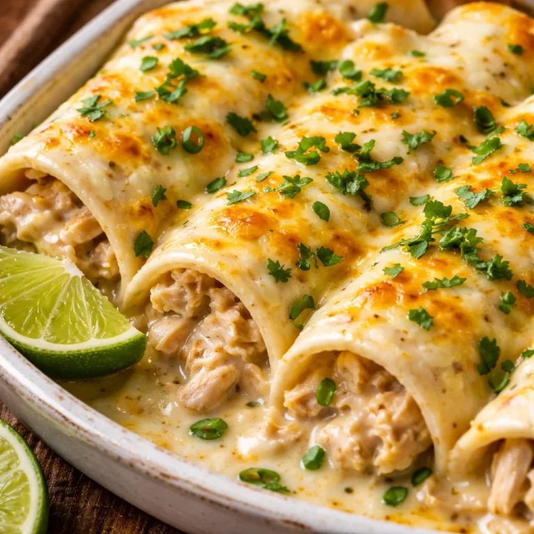 Creamy white chicken enchiladas topped with cheese and fresh garnishes