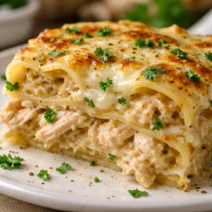 Delicious white chicken lasagna with creamy sauce and melted cheese