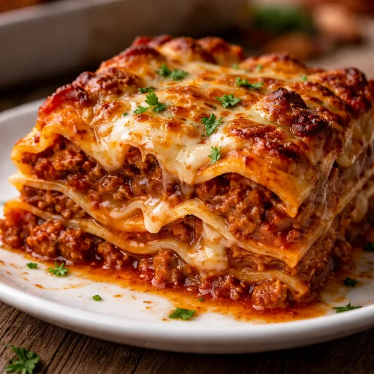 Deliciously layered world's best lasagna with cheese and rich tomato sauce.