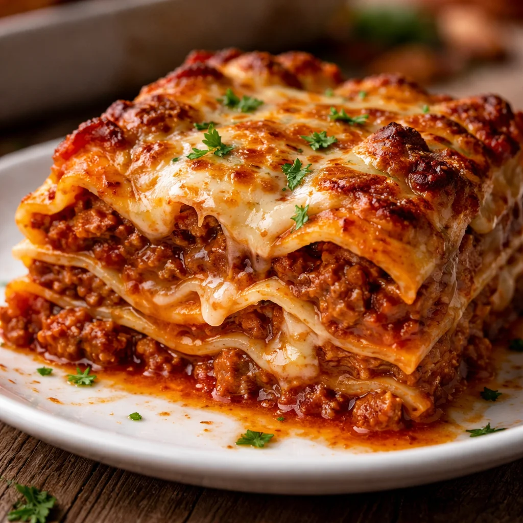 Deliciously layered world's best lasagna with cheese and rich tomato sauce.