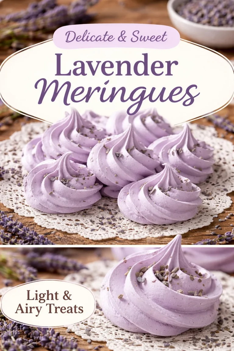 Delicious airy lavender meringues on a decorative plate