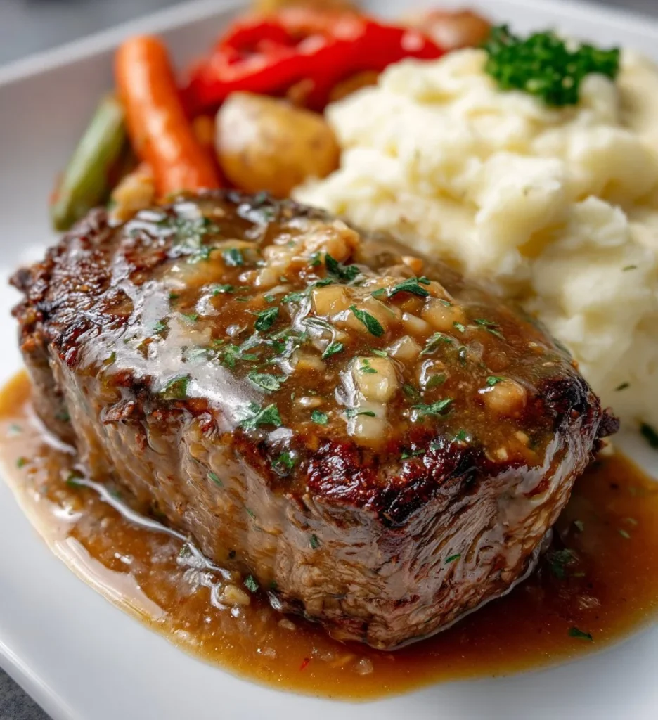 Delicious beef and gravy served with creamy mashed potatoes