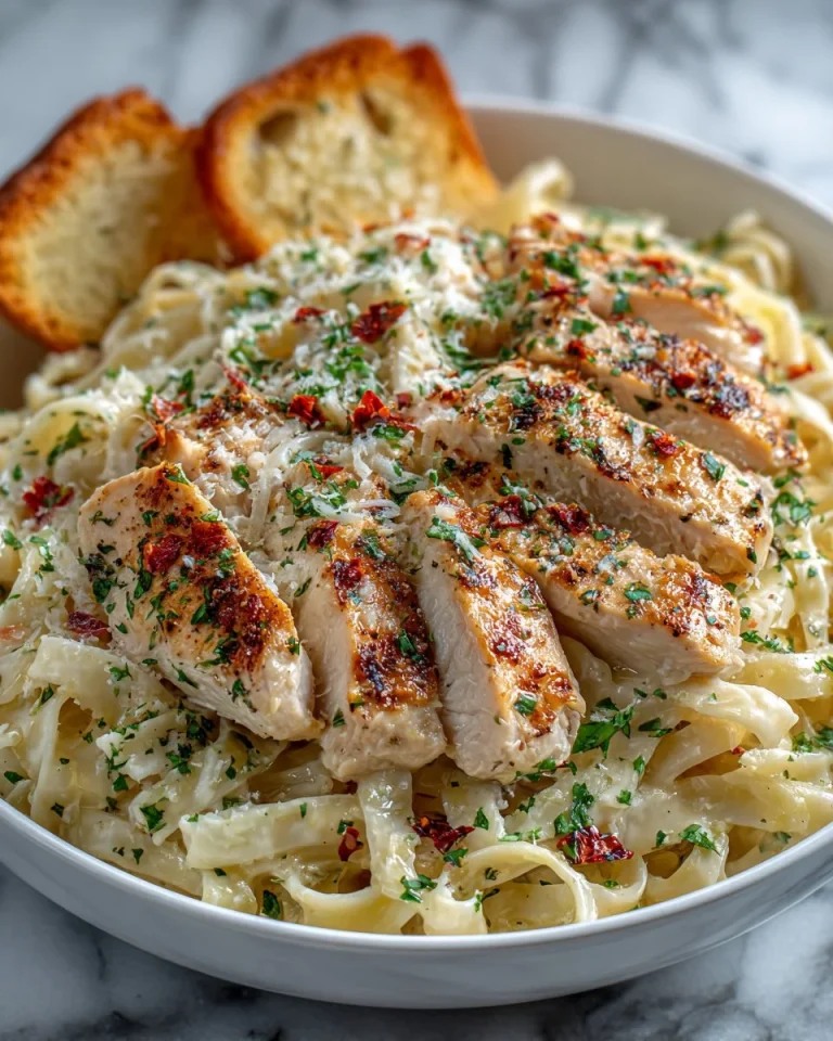 Creamy Chicken Alfredo pasta with fresh ingredients served in a bowl