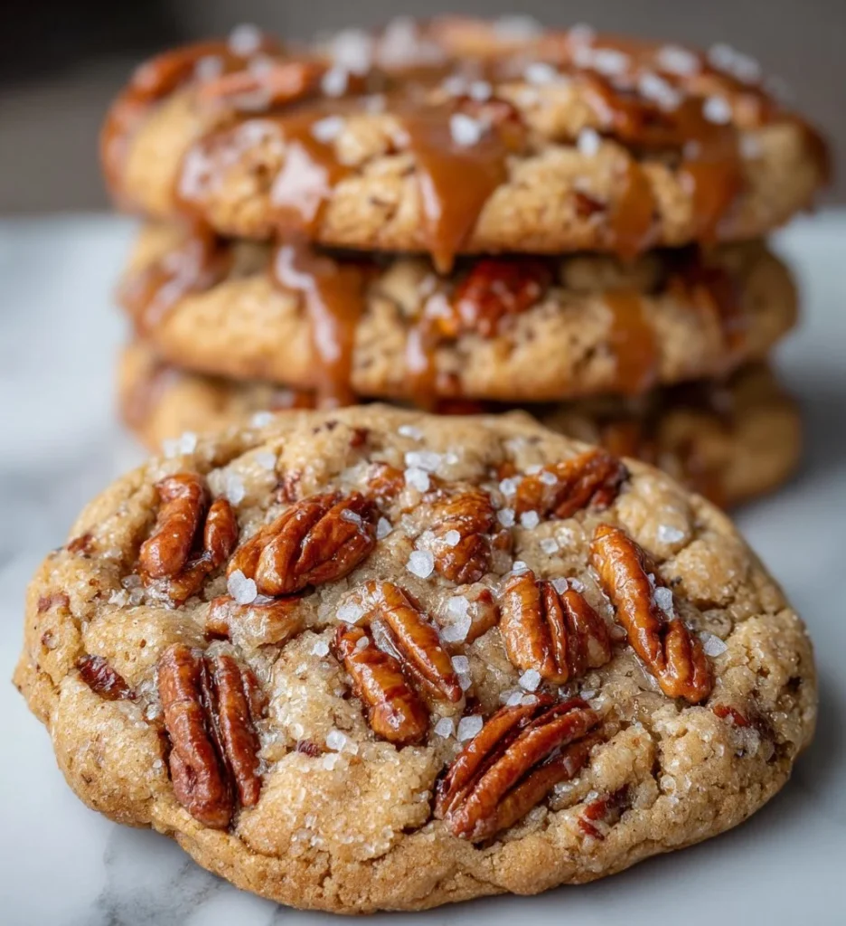 Delicious brown butter pecan cookies on a wooden table with pecans.