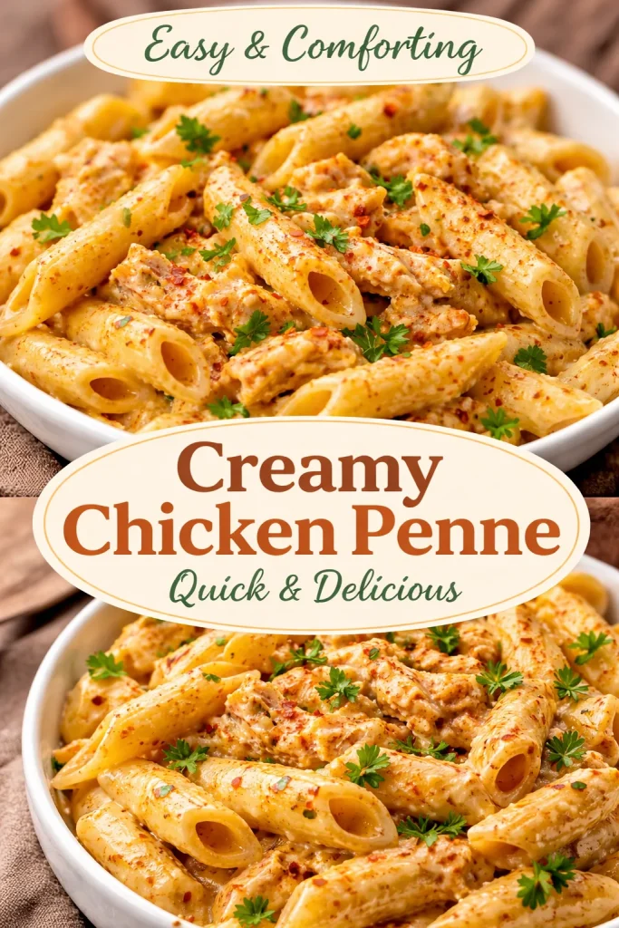 A bowl of creamy Buffalo Chicken Alfredo Penne topped with parsley and spicy chicken.