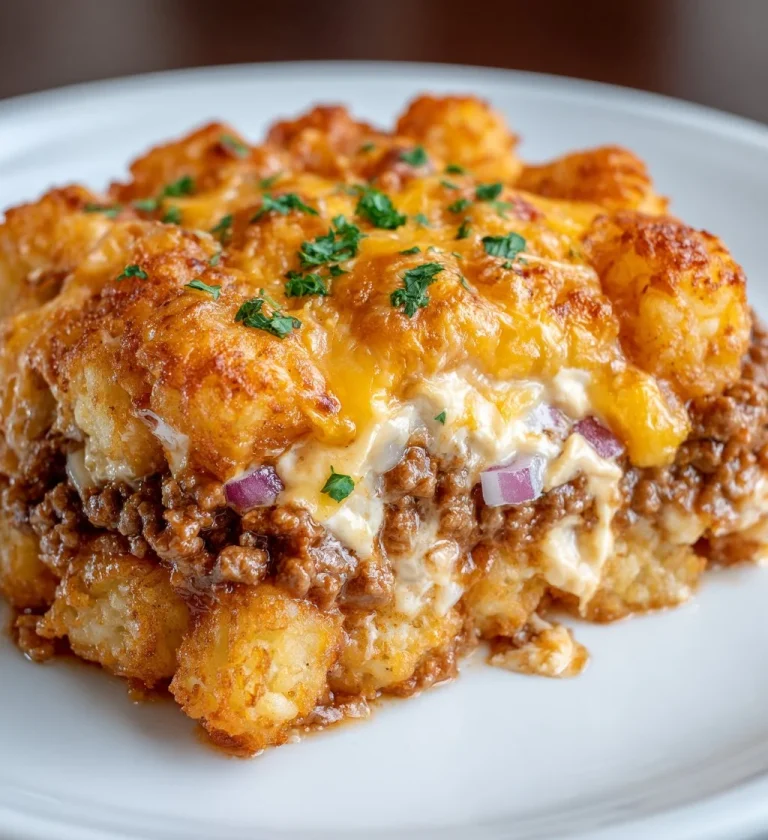 Cheeseburger Tater Tot Casserole topped with melted cheese and golden tater tots