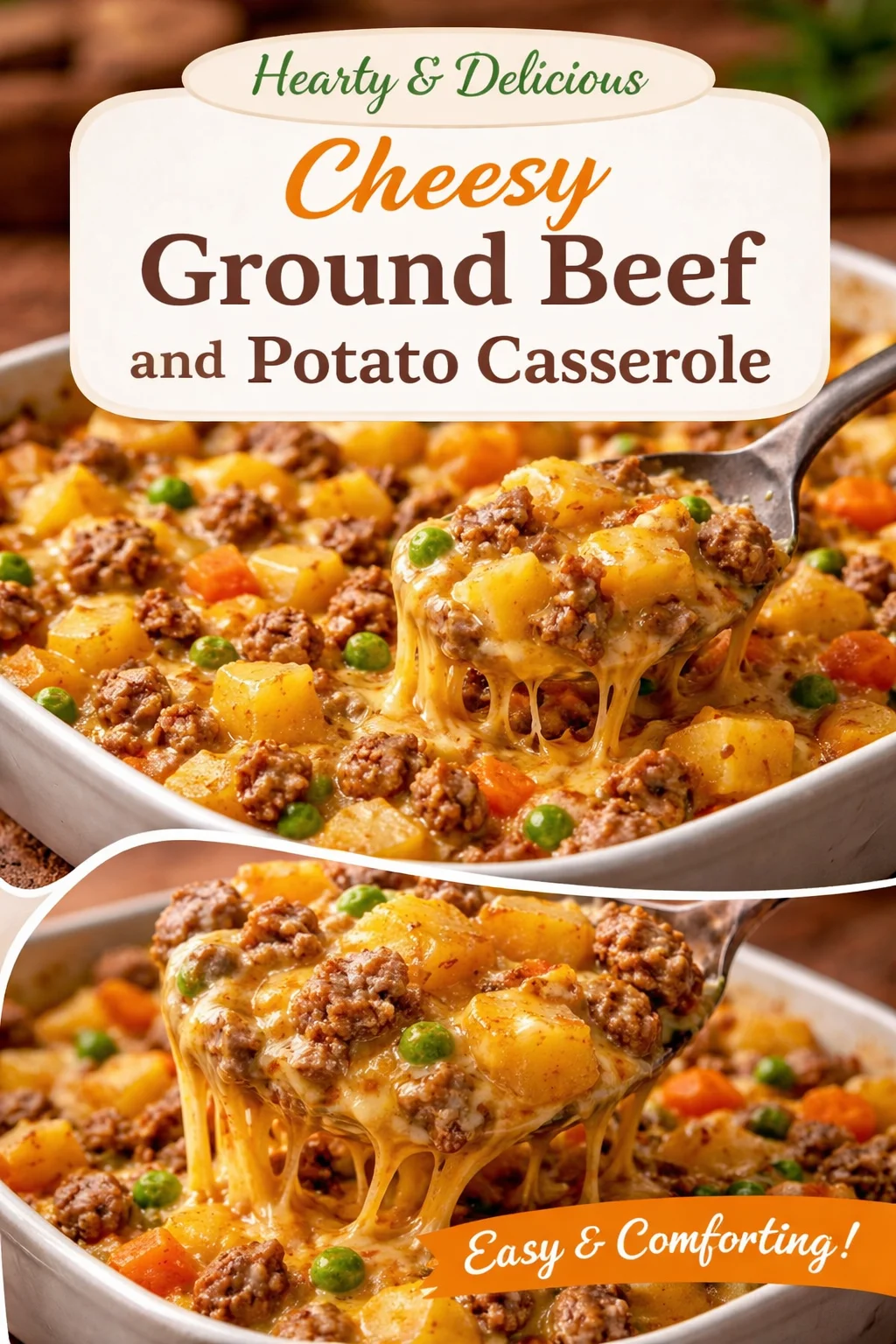 Cheesy Ground Beef & Potato Casserole served in a baking dish