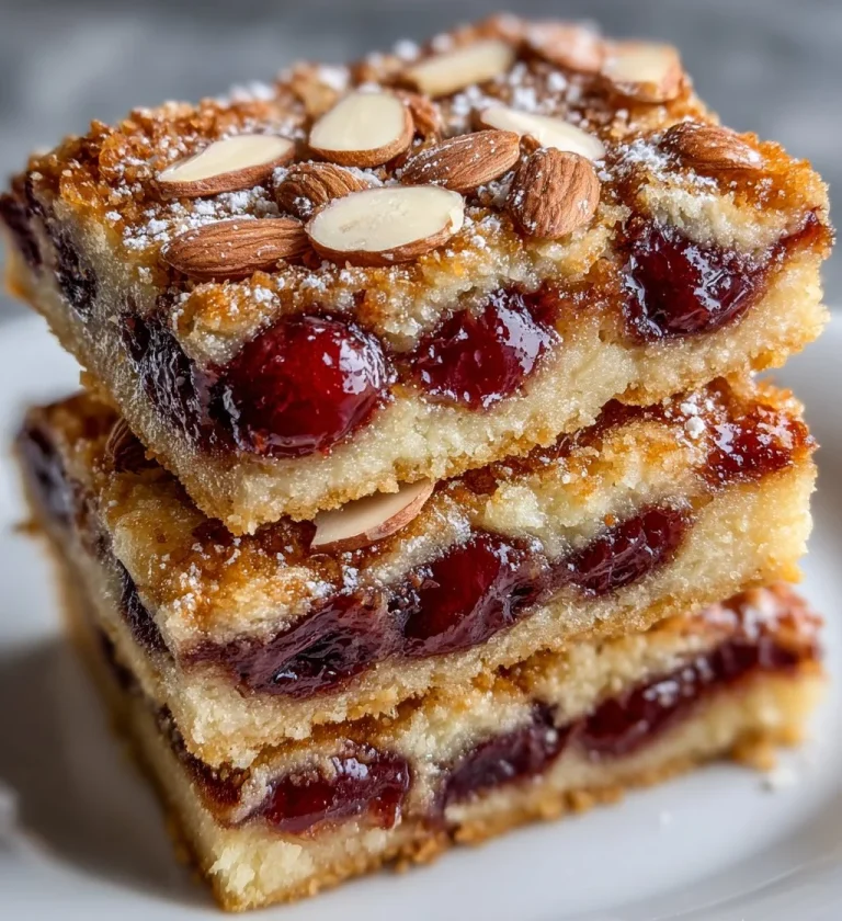 Freshly baked cherry pie bars on a white plate with cherry toppings