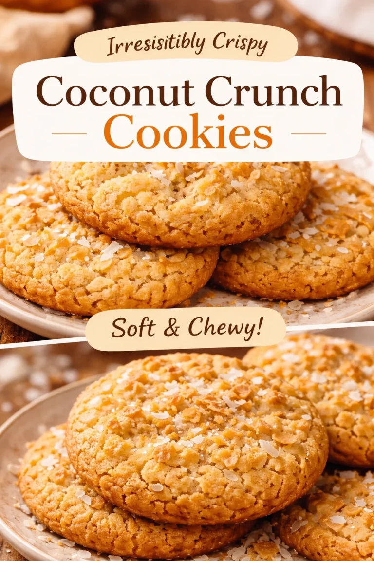 Delicious chewy coconut cookies on a plate with a sprinkle of coconut flakes.