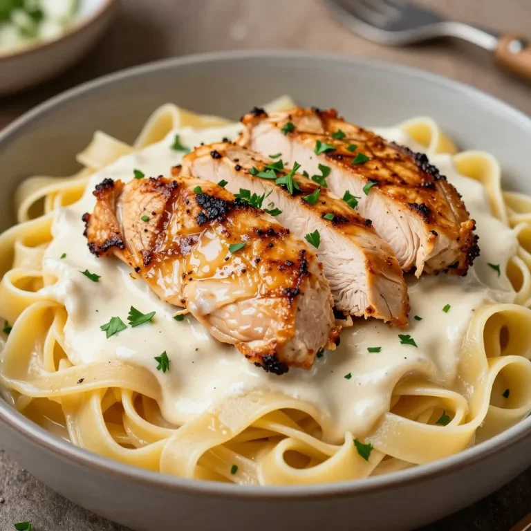 Delicious Chicken Alfredo pasta with creamy sauce and grilled chicken