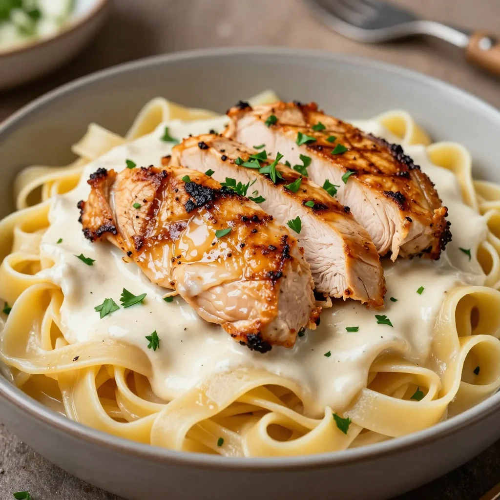 Delicious Chicken Alfredo pasta with creamy sauce and grilled chicken